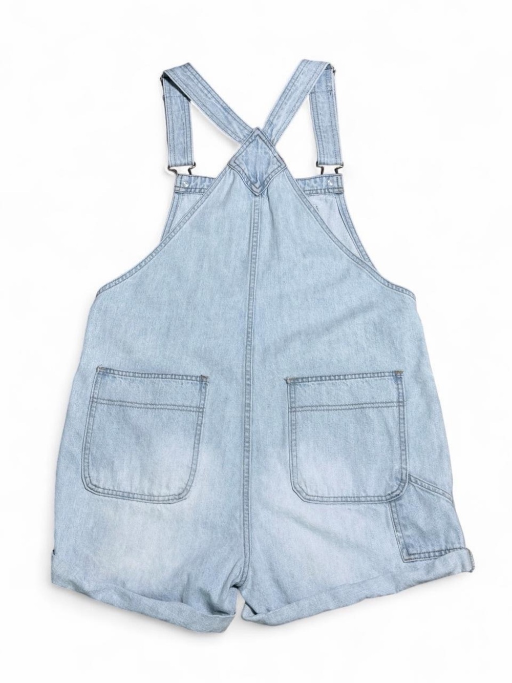 Women's Medium Easel Distressed Light Wash Denim Short Overalls Shortalls Boho - Picture 3 of 11